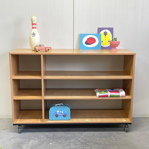 Vintage School Cupboard On Wheels, Room Divider, Bookcase, Compartmented Cupboard