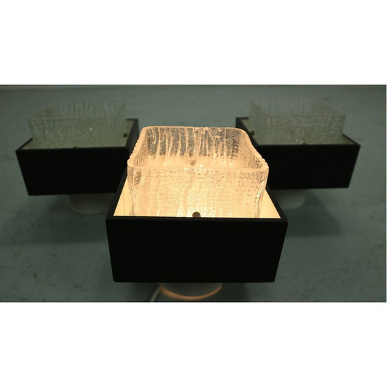 Image 1 of Set of 3 vintage ceiling lamp in iced glass and metal for Philips, 1960