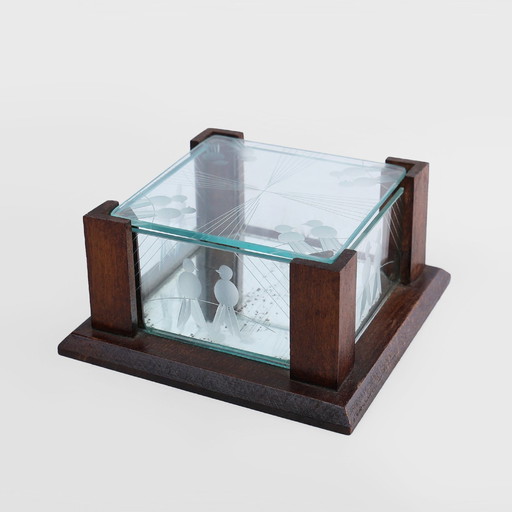 Art Deco Jewelry Box in Facet Cut Glass and Oak, 1930s