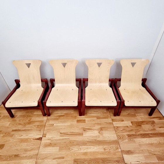 Image 1 of Suite of 4 vintage stained wood and light oakwood armchairs, 1980