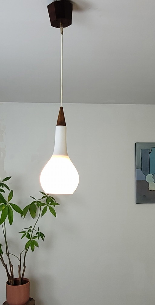 Opaline And Teak Pendant By Louis Kalff, 1960s