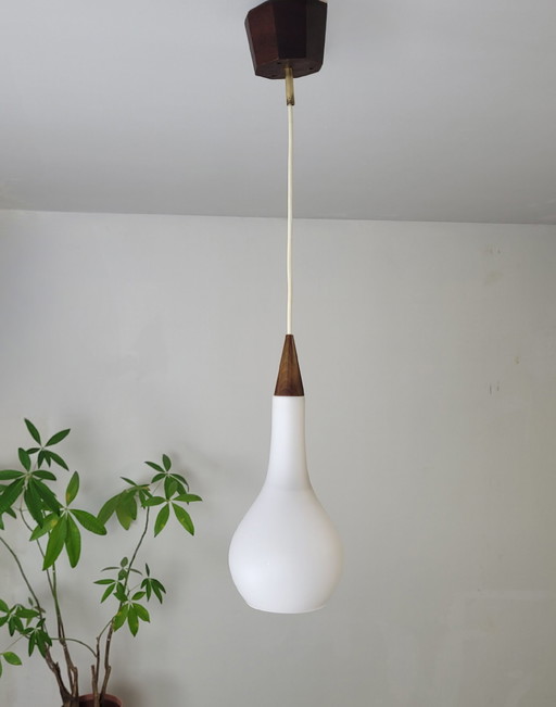 Opaline And Teak Pendant By Louis Kalff, 1960s