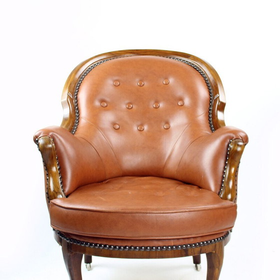 Image 1 of Vintage armchair in cognac and walnut leather, Czechoslovakia 1940