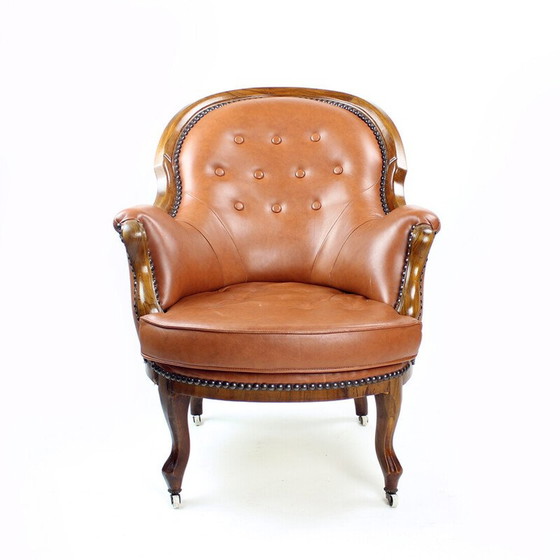 Image 1 of Vintage armchair in cognac and walnut leather, Czechoslovakia 1940