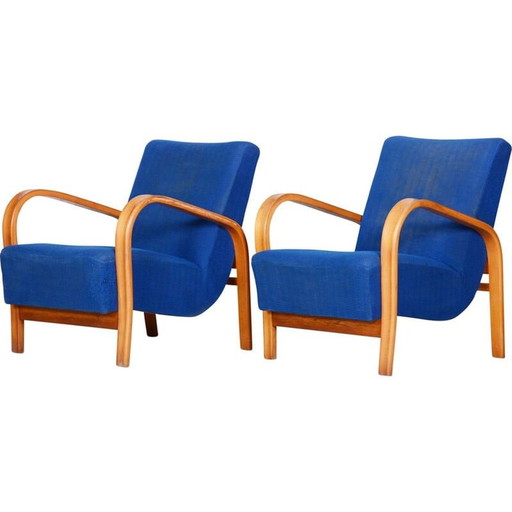 Set of 2 vintage "Art Deco" blue armchairs, Czechia 1930s