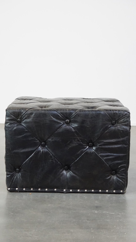Image 1 of Large Black Square Chesterfield Hocker