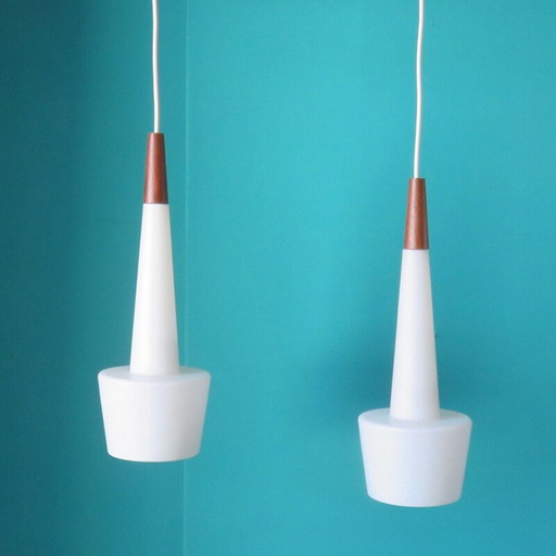 Pair of vintage opaline and teak pendant lamps by "Horn", Denmark 1955
