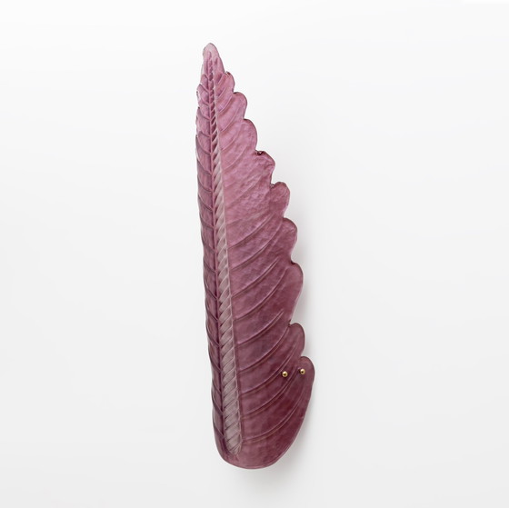 Image 1 of Pair Of Mid-Century Modern Murano Glass Amethyst Pink Big Leafs Sconces