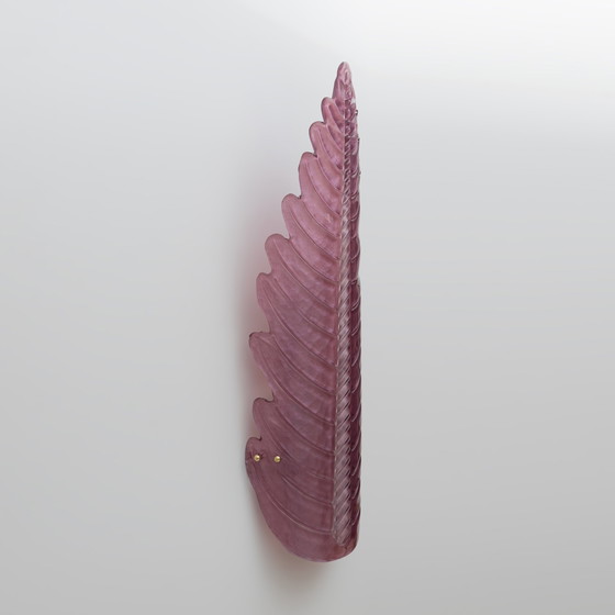 Image 1 of Pair Of Mid-Century Modern Murano Glass Amethyst Pink Big Leafs Sconces