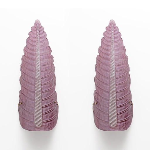 Pair Of Mid-Century Modern Murano Glass Amethyst Pink Big Leafs Sconces