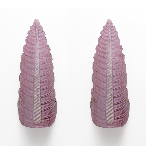 Image 1 of Pair Of Mid-Century Modern Murano Glass Amethyst Pink Big Leafs Sconces