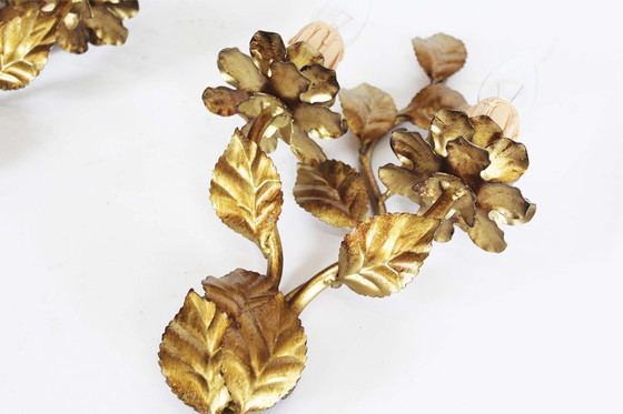 Image 1 of 2X Vintage Gold Florentine Wall Or Ceiling Lights, Italy 1970’S