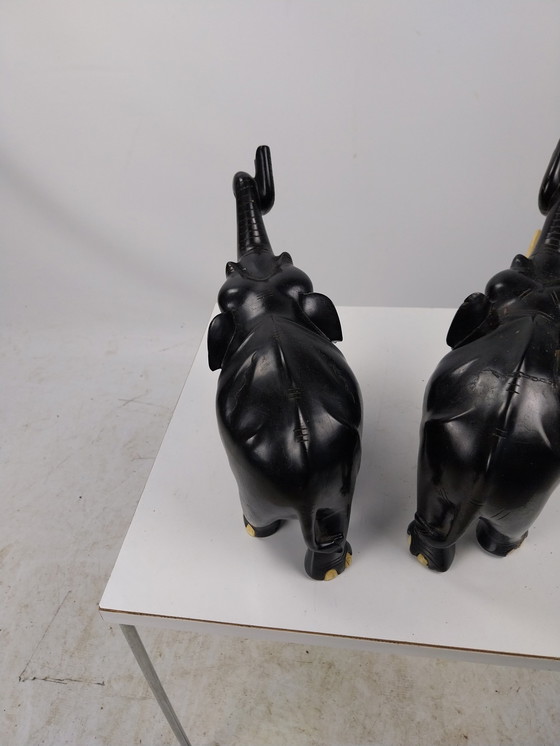 Image 1 of 1 X Set Dark Ebony Elephants.  With Bone Inlaid. 1970'S