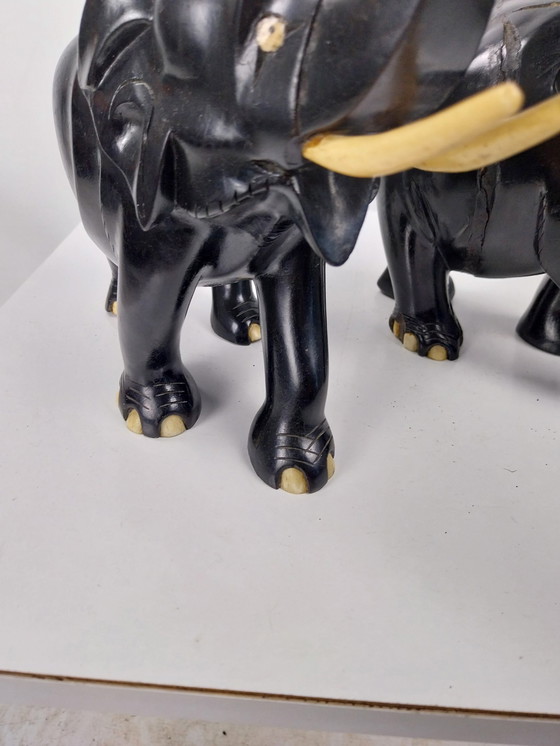 Image 1 of 1 X Set Dark Ebony Elephants.  With Bone Inlaid. 1970'S