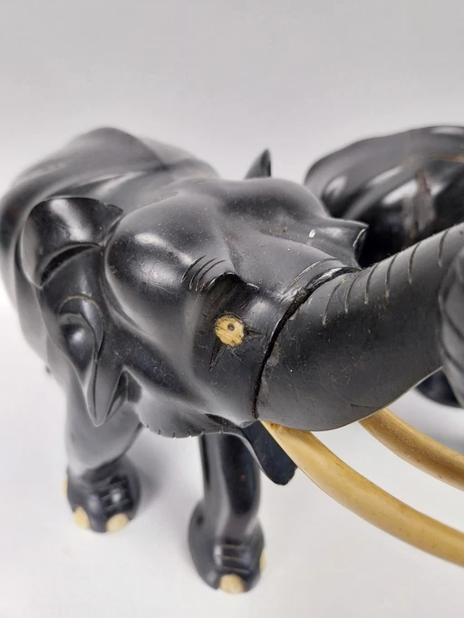 1 X Set Dark Ebony Elephants.  With Bone Inlaid. 1970'S