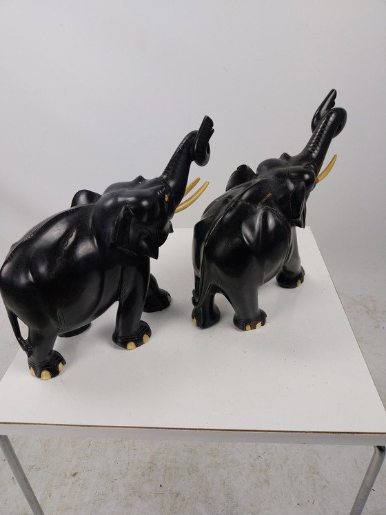 Image 1 of 1 X Set Dark Ebony Elephants.  With Bone Inlaid. 1970'S