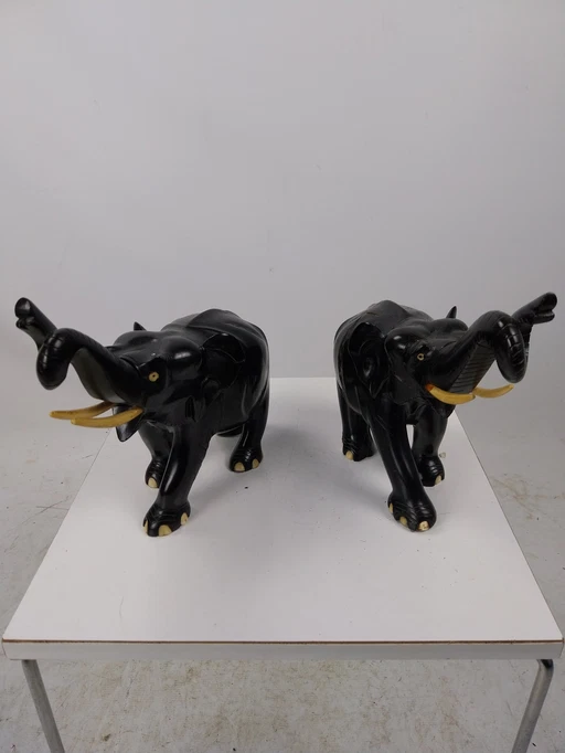 1 X Set Dark Ebony Elephants.  With Bone Inlaid. 1970'S