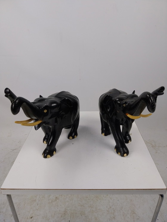 Image 1 of 1 X Set Dark Ebony Elephants.  With Bone Inlaid. 1970'S