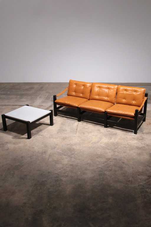 Vintage Leather Three-Seater Sofa With Coffee Table Set