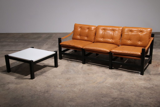 Vintage Leather Three-Seater Sofa With Coffee Table Set