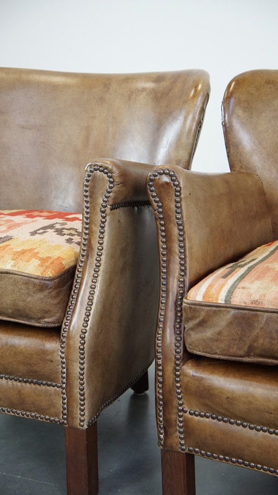 Image 1 of 2 X Beef Leather Armchair With Reversible Kelim Seat Cushion