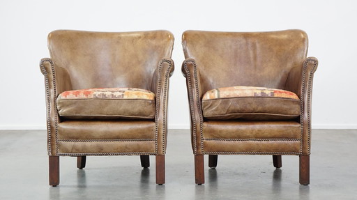 2 X Beef Leather Armchair With Reversible Kelim Seat Cushion