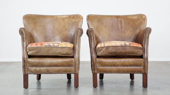 Image 1 of 2 X Beef Leather Armchair With Reversible Kelim Seat Cushion