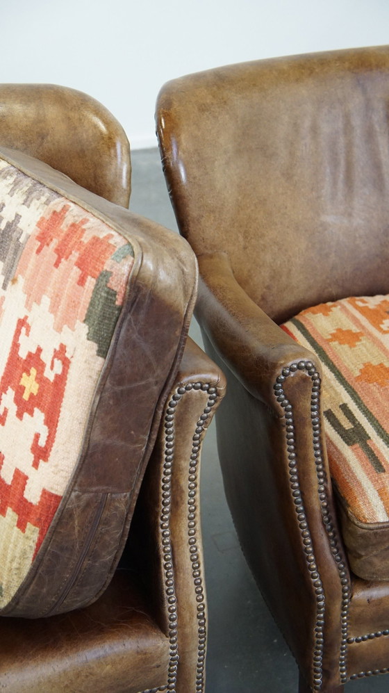 Image 1 of 2 X Beef Leather Armchair With Reversible Kelim Seat Cushion