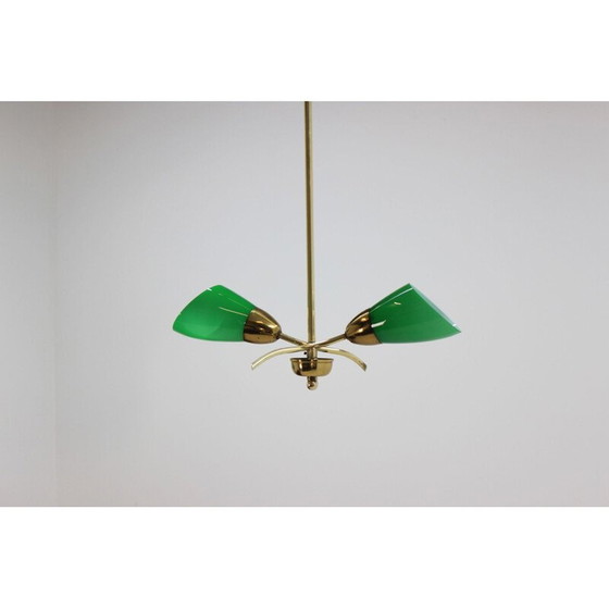 Image 1 of Vintage brass and green glass chandelier, Czechoslovakia