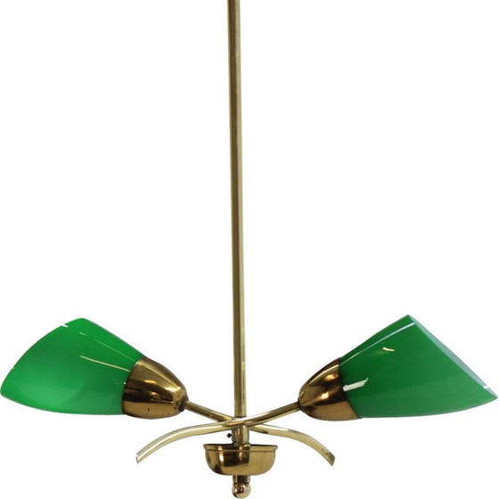 Image 1 of Vintage brass and green glass chandelier, Czechoslovakia