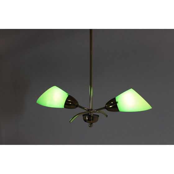 Image 1 of Vintage brass and green glass chandelier, Czechoslovakia