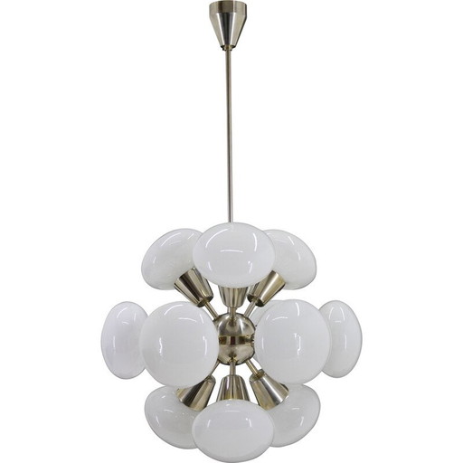 Vintage chrome plated  12-Flamming chandelier by Sputnik, Czechoslovakia 1970s