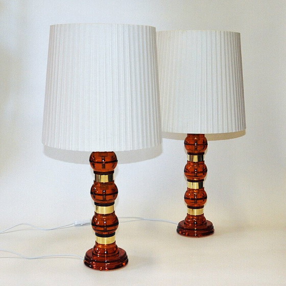 Image 1 of Pair of vintage glass and brass table lamps, 1960