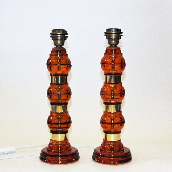 Image 1 of Pair of vintage glass and brass table lamps, 1960