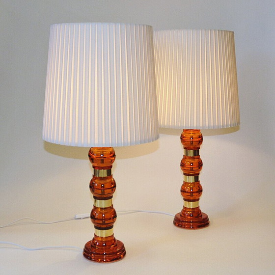 Image 1 of Pair of vintage glass and brass table lamps, 1960