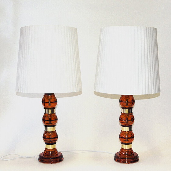 Image 1 of Pair of vintage glass and brass table lamps, 1960