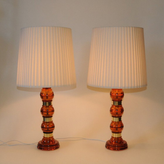 Image 1 of Pair of vintage glass and brass table lamps, 1960