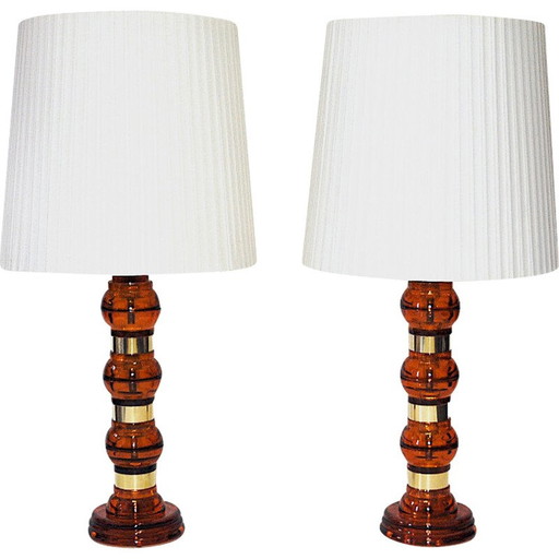 Coppia di lampade da tavolo vintage in vetro e ottone, 1960