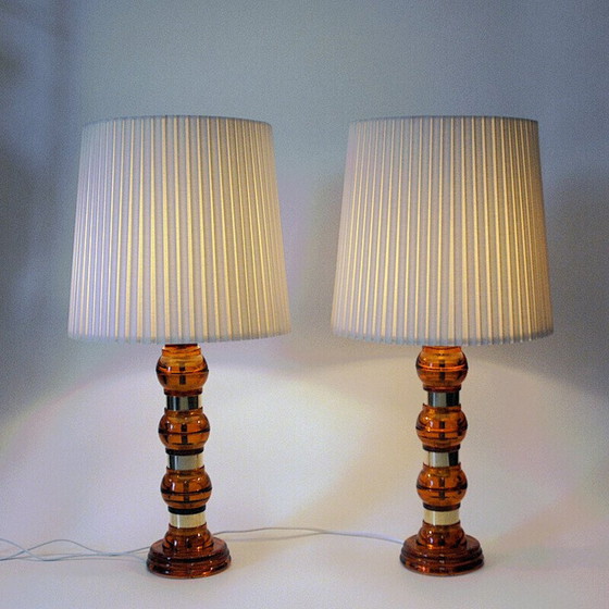 Image 1 of Pair of vintage glass and brass table lamps, 1960