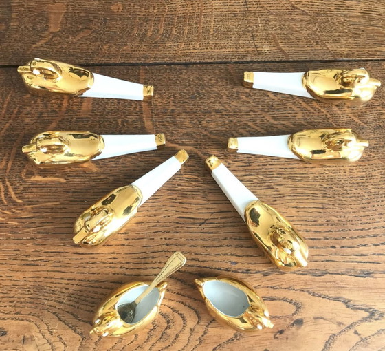 Image 1 of Robj Art Deco Knife Rack Set Of 6 Zoomorphic And Pair Of Saleron, Original Box, White And Gold Porcelain Duck Robj Pa