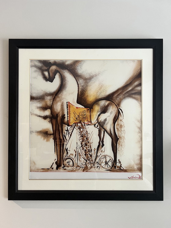 Image 1 of Salvadore Dali print on silk in dark wood frame