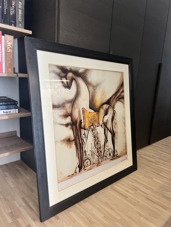 Image 1 of Salvadore Dali print on silk in dark wood frame