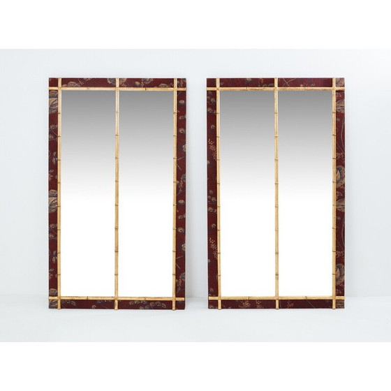 Image 1 of Pair of vintage gilded wood mirrors in bamboo and silk style, 1870