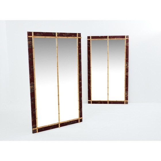 Image 1 of Pair of vintage gilded wood mirrors in bamboo and silk style, 1870