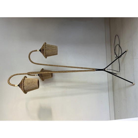 Image 1 of Lampada da terra vintage a treppiede in metallo e corda