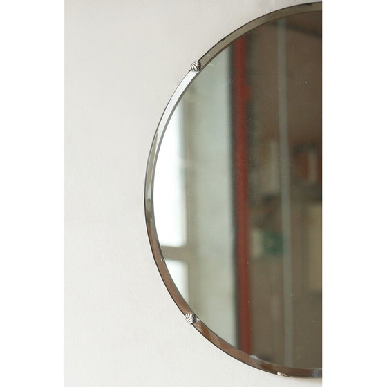 Image 1 of Vintage round bevelled mirror on wooden base, 1950