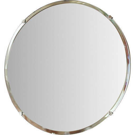 Espejo vintage redondo biselado sobre base de madera, 1950