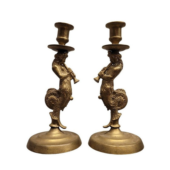 Image 1 of Pair of vintage “Tritons” bronze candlesticks, France