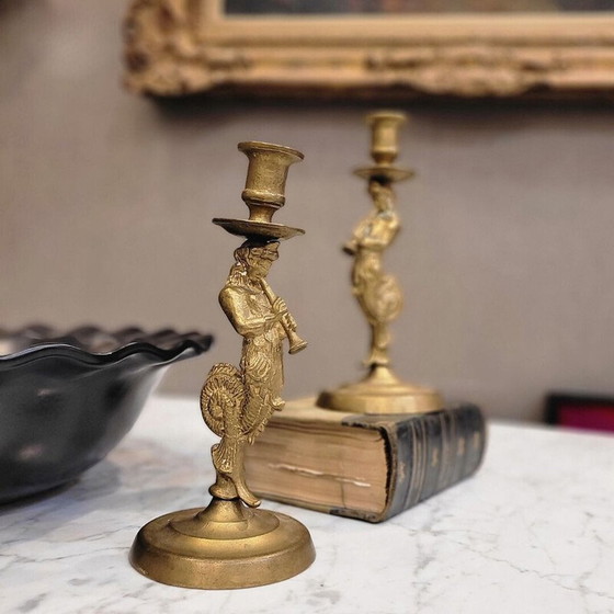 Image 1 of Pair of vintage “Tritons” bronze candlesticks, France