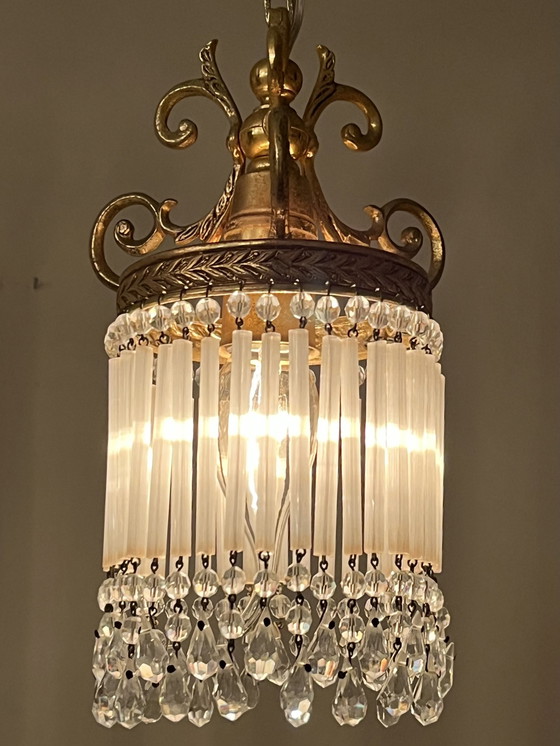 Image 1 of Set Of 2 Belle Epoque Pendant Lamps Crystal Pearls And Opaline Rods